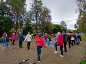 iäkkäitä ulkona jumppaamassa yhdessä ulkokuntolaitteissa. taustalla isoja puita ja tiilitalo.